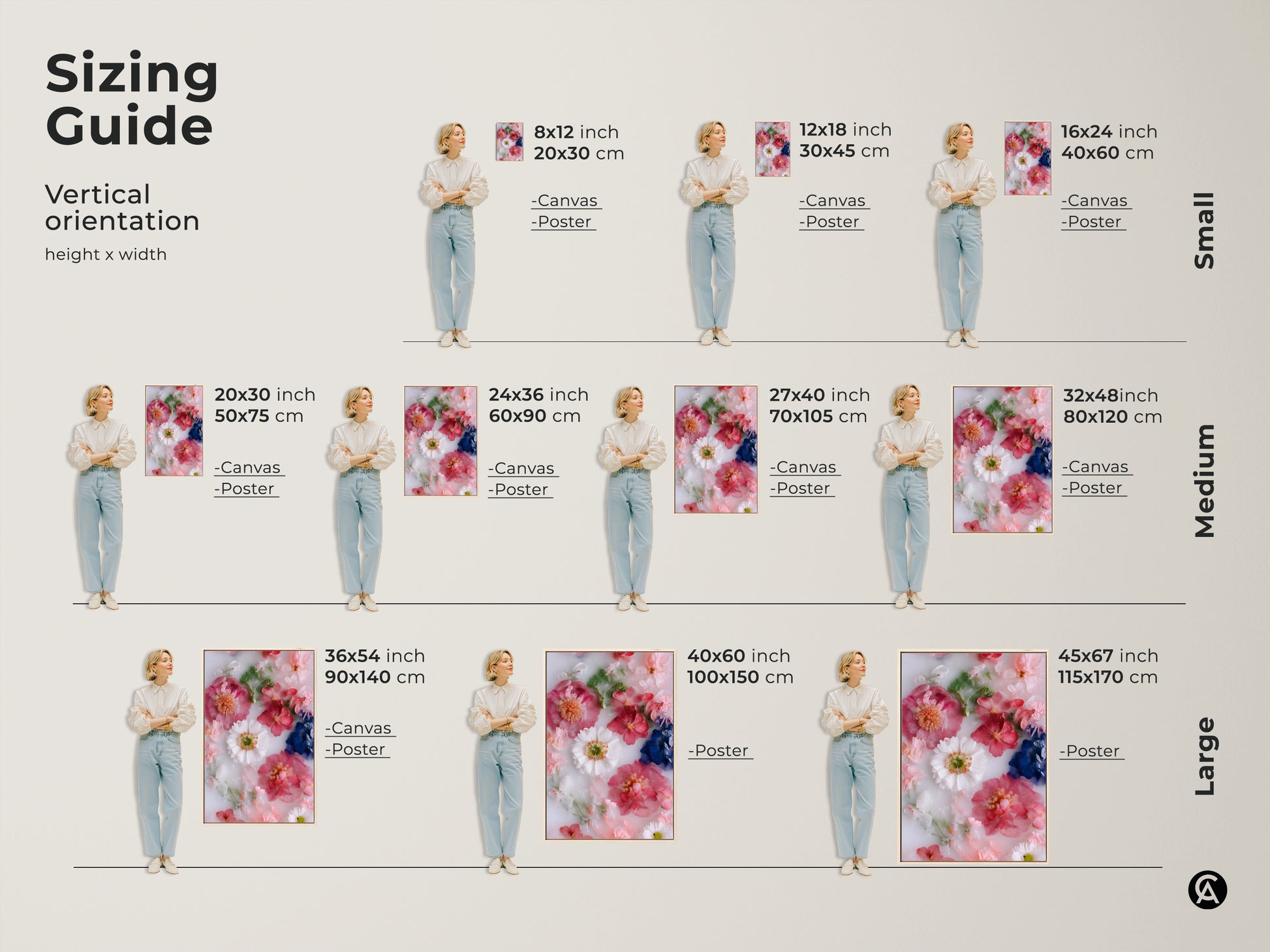 Sizing guide for modern botanical art print featuring pink and white flowers. Visualize the perfect fit for your space with canvas and poster options. Transform your bedroom with minimalist floral decor. Available in small medium and large sizes to suit any room. Find the ideal housewarming gift.