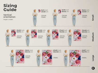 Sizing guide for modern botanical art print featuring pink and white flowers. Visualize the perfect fit for your space with canvas and poster options. Transform your bedroom with minimalist floral decor. Available in small medium and large sizes to suit any room. Find the ideal housewarming gift.