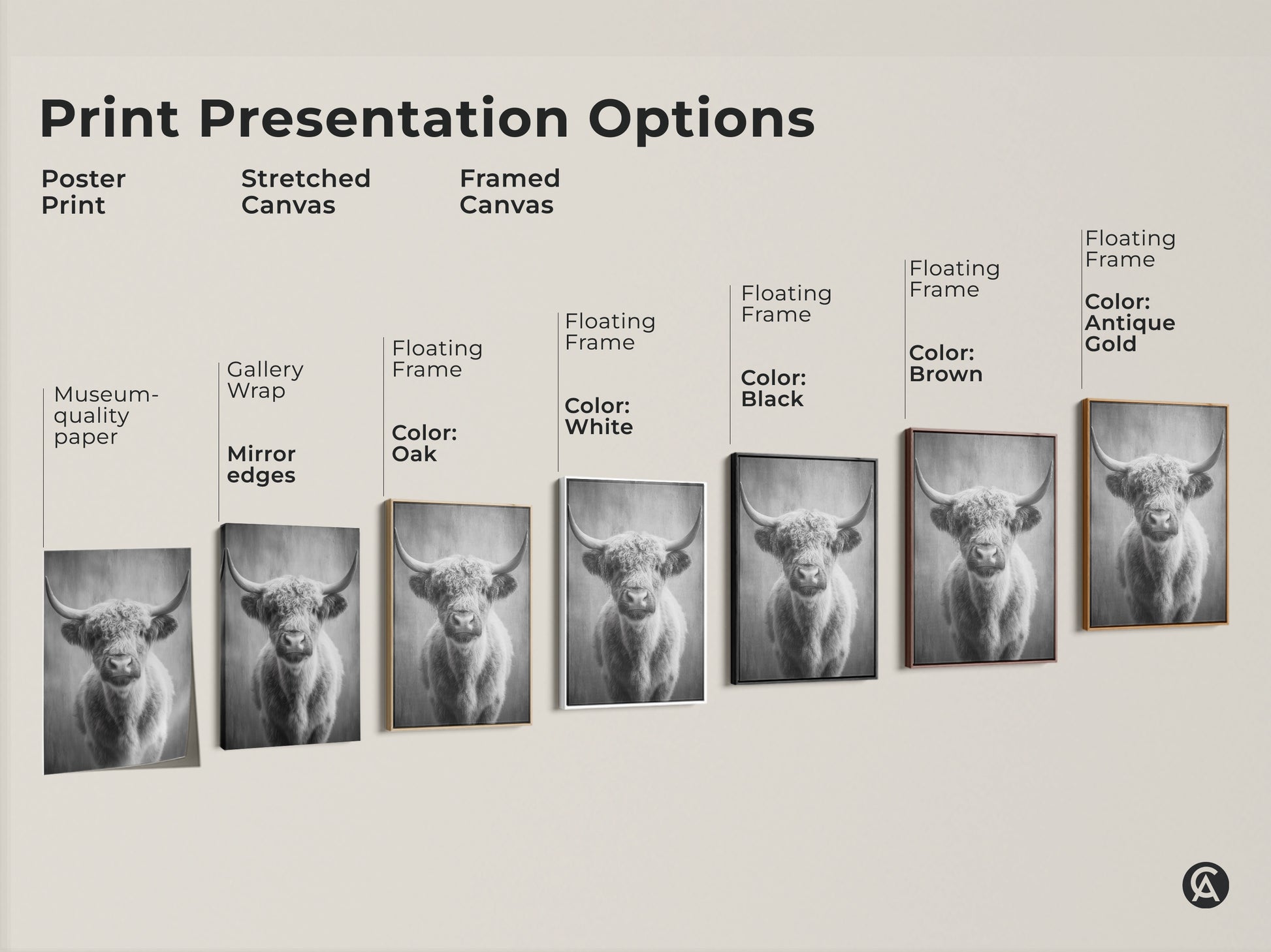 Print presentation options showcasing various styles of the monochrome highland cow artwork. Includes poster print stretched canvas and framed canvas options. Perfect as farm animal wall decor. This rustic animal artwork is timeless.