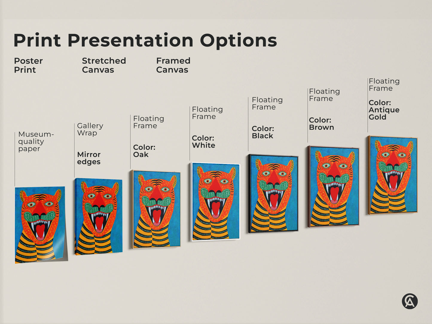 Explore print presentation options for folk art tiger artwork. Choose from poster print stretched or framed canvas. Museum-quality edges with various floating frame colors. Find the perfect naive art animal print for your decor.
