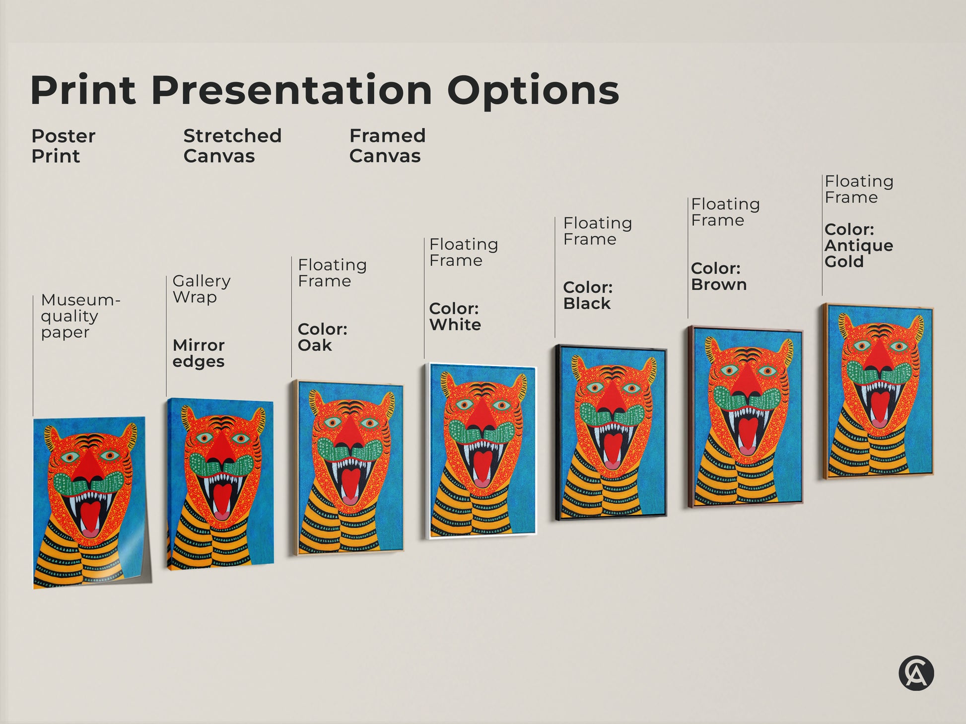 Explore print presentation options for folk art tiger artwork. Choose from poster print stretched or framed canvas. Museum-quality edges with various floating frame colors. Find the perfect naive art animal print for your decor.