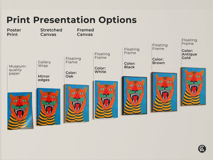 Explore print presentation options for folk art tiger artwork. Choose from poster print stretched or framed canvas. Museum-quality edges with various floating frame colors. Find the perfect naive art animal print for your decor.