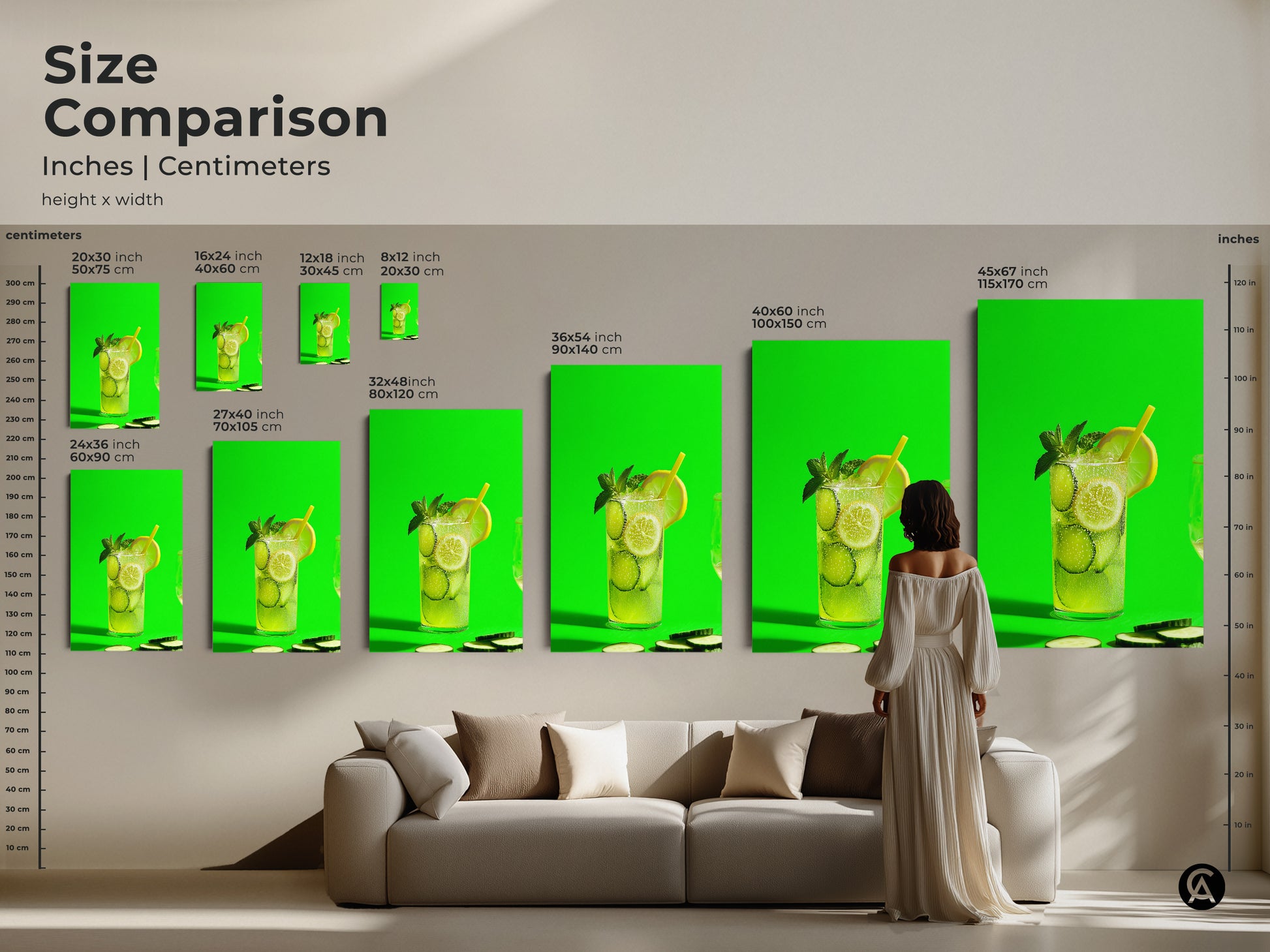 Size comparison of lime green cucumber lemonade art prints. See the artwork in inches and centimeters. Visualize the art above a sofa for the perfect fit. Find the ideal size for your contemporary kitchen or home bar decor.