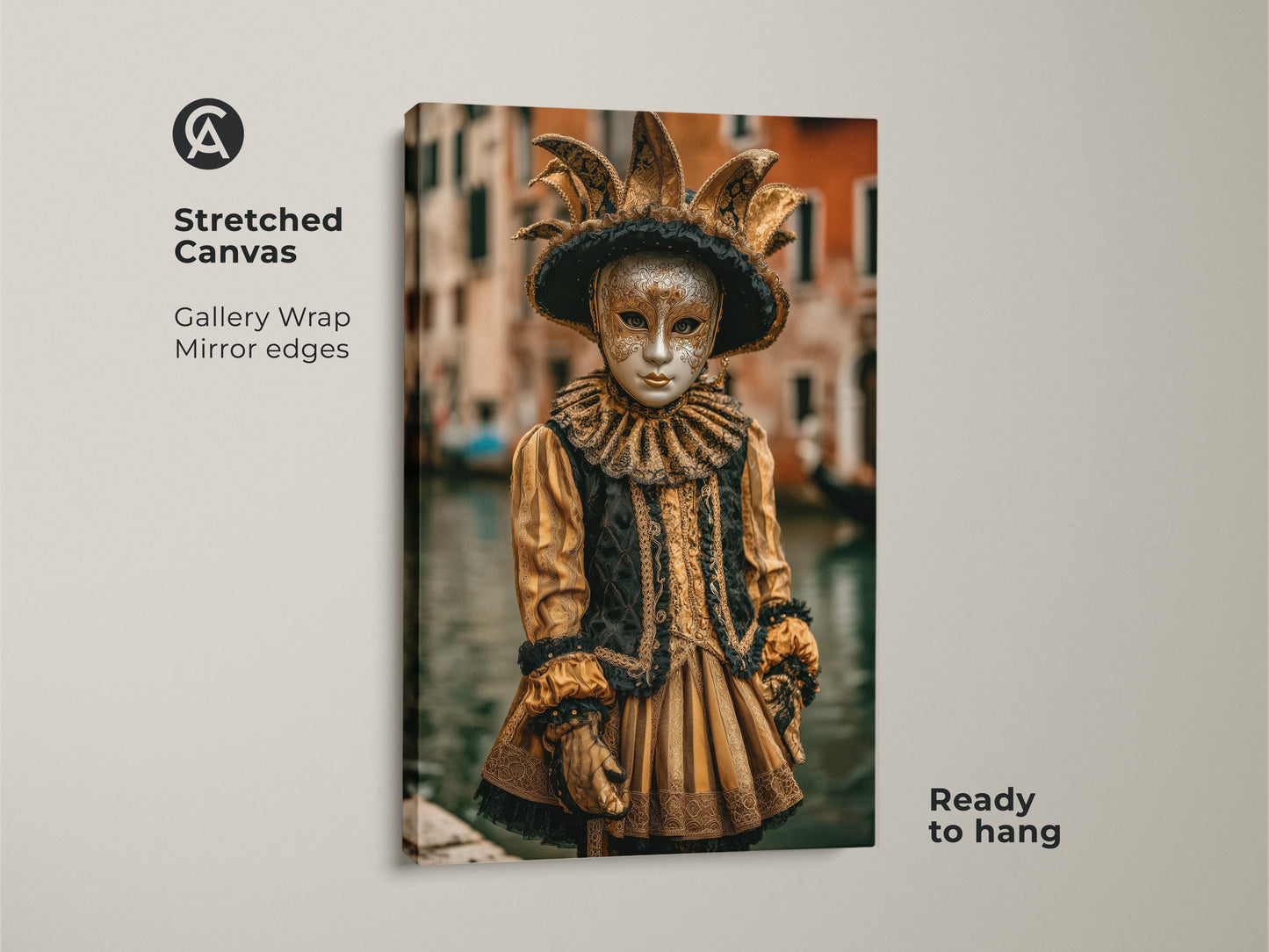 This Stretched Canvas features a Venetian Carnival Wall Art. The Jester Costume Artwork has gallery wrapped mirrored edges. This ready to hang Masquerade Mask Canvas Print showcases ornate Baroque style. The gold and black colors capture the essence of Venetian Festival Decor.