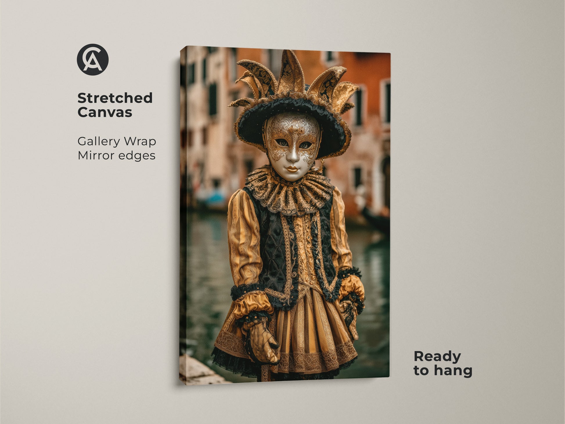 This Stretched Canvas features a Venetian Carnival Wall Art. The Jester Costume Artwork has gallery wrapped mirrored edges. This ready to hang Masquerade Mask Canvas Print showcases ornate Baroque style. The gold and black colors capture the essence of Venetian Festival Decor.
