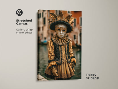 This Stretched Canvas features a Venetian Carnival Wall Art. The Jester Costume Artwork has gallery wrapped mirrored edges. This ready to hang Masquerade Mask Canvas Print showcases ornate Baroque style. The gold and black colors capture the essence of Venetian Festival Decor.
