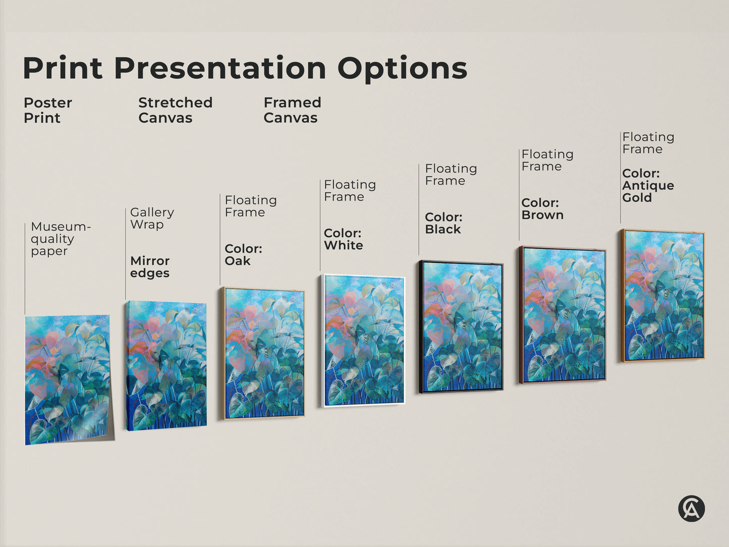 Framed canvas print featuring abstract botanical art. The black floating frame adds a touch of sophistication. This ready-to-hang artwork brings modern boho charm to living rooms and bedrooms.