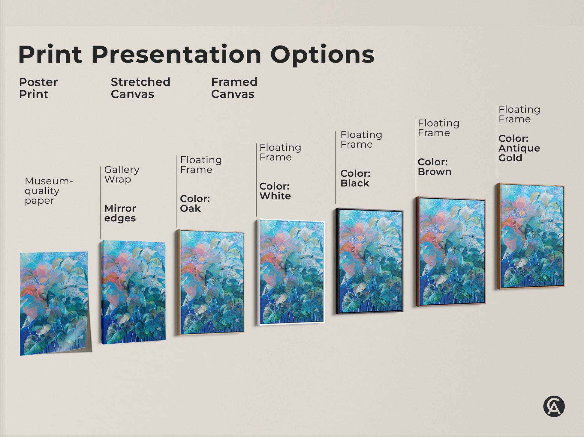 Framed canvas print featuring abstract botanical art. The black floating frame adds a touch of sophistication. This ready-to-hang artwork brings modern boho charm to living rooms and bedrooms.