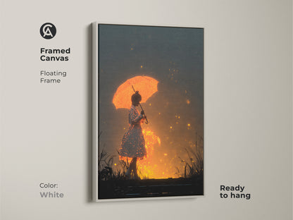 Framed canvas of a girl with an orange umbrella in a white frame. This fantasy digital art features orange sparkling lights. It is a dreamer gift. The surrealism figurative art print has whimsical glowing art decor. It is ready to hang.