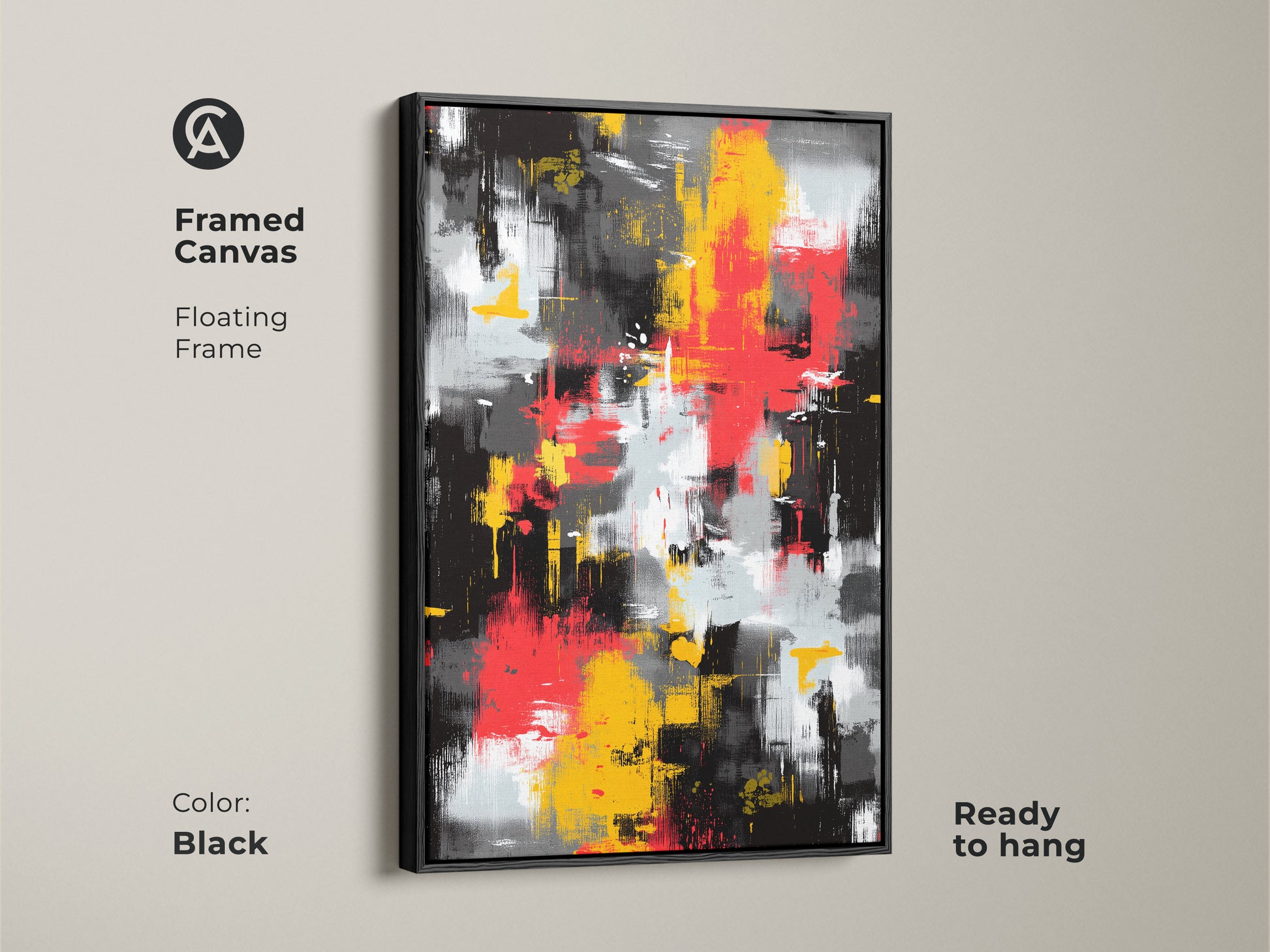 Framed canvas art featuring an abstract painting with a black floating frame. The contemporary artwork includes bold strokes of red yellow and black. Ready to hang this modern art piece adds a stylish touch to your home.