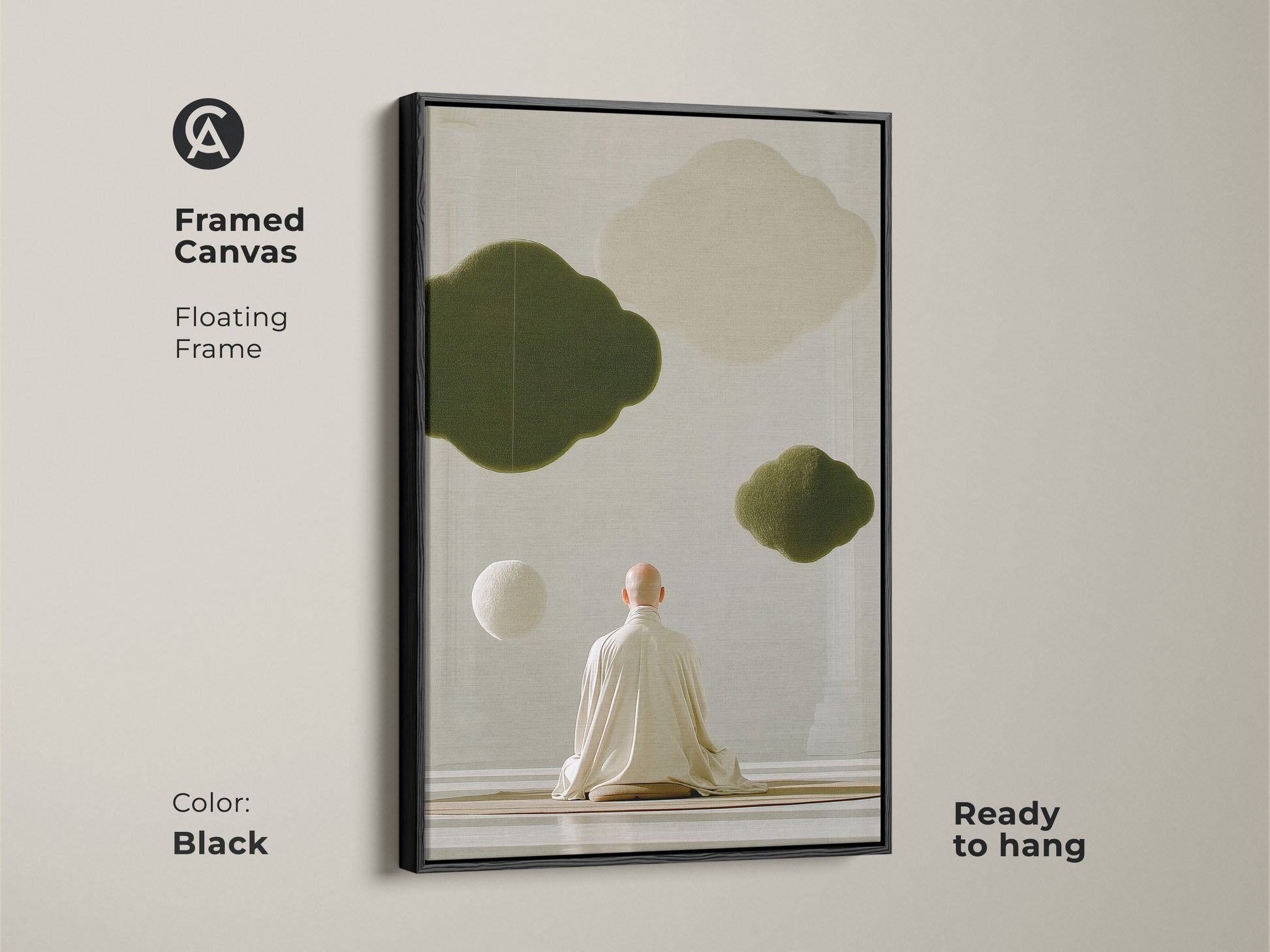 Framed canvas in black showcases zen monk meditation art. Floating frame features abstract olive green clouds in a spiritual home decor gift. The ready-to-hang minimalist artwork is perfect for a wellness center or meditation room.