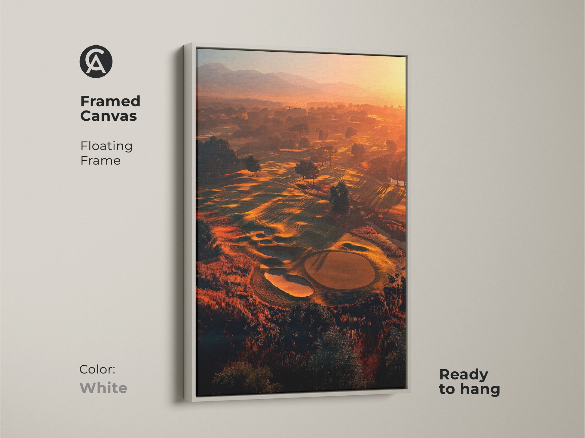 Brighten your home with this framed canvas art. A stunning golf course at sunrise is showcased. The white floating frame offers a clean modern look. Ready to hang this artwork complements any decor. It is a perfect blend of nature sport and contemporary art.