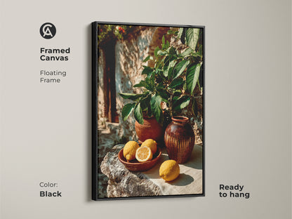 A vibrant composition of lemons and terracotta vases. This is rustic Mediterranean art for a farmhouse kitchen. The yellow and green palette brings a cheerful touch. This botanical print is ideal for foodies and home cooks.