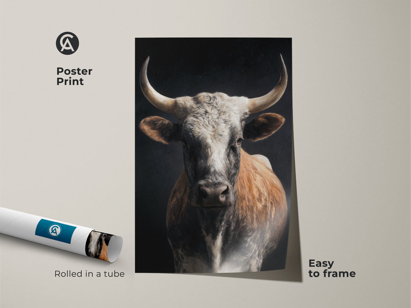 Poster print of a realistic bull canvas art. Rolled in a tube. The tan white and brown tones of the artwork blend seamlessly with rustic animal print decor. Easy to frame. This farmhouse cow wall art adds a touch of country style to any room. Ideal as a housewarming gift rustic for animal lovers.