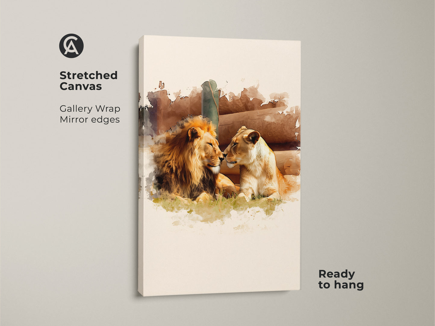 Stretched canvas art featuring a watercolor lion and lioness couple. The wildlife animal canvas art has gallery wrap mirror edges. Ready to hang this gold and brown artistic lioness artwork adds charm to any room.