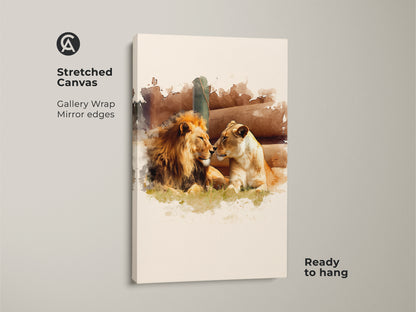 Stretched canvas art featuring a watercolor lion and lioness couple. The wildlife animal canvas art has gallery wrap mirror edges. Ready to hang this gold and brown artistic lioness artwork adds charm to any room.