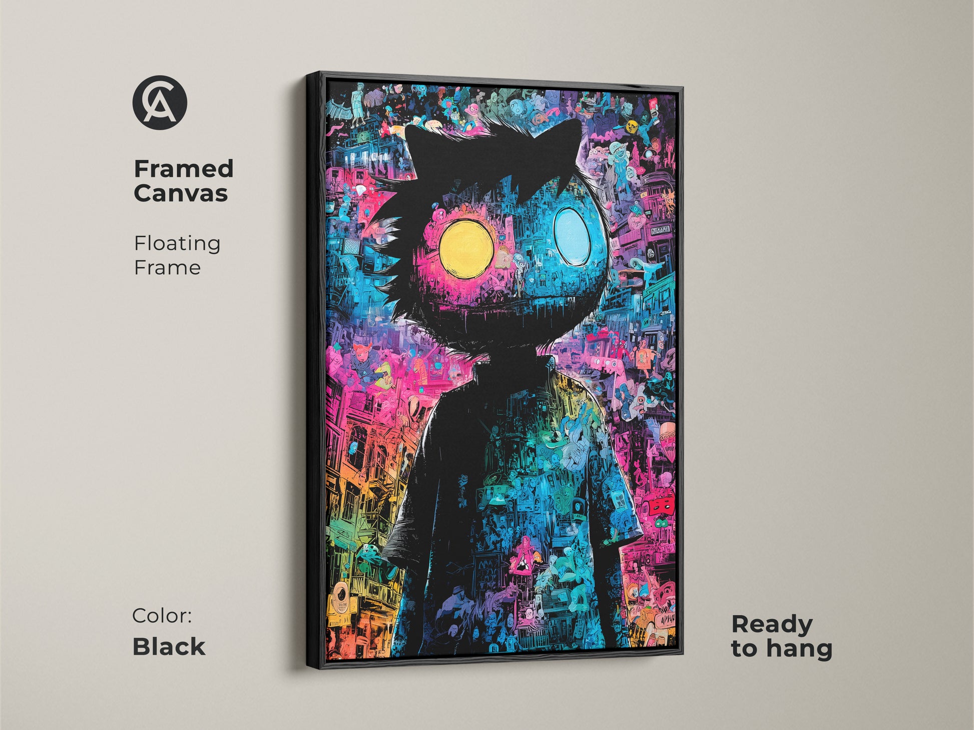 Framed canvas art showcasing a whimsical character with mismatched eyes. The floating frame in black enhances the artwork's appeal. It is ready to hang to bring playful sophistication to any room. A perfect piece for collectors.