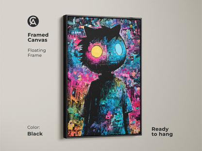 Framed canvas art showcasing a whimsical character with mismatched eyes. The floating frame in black enhances the artwork's appeal. It is ready to hang to bring playful sophistication to any room. A perfect piece for collectors.