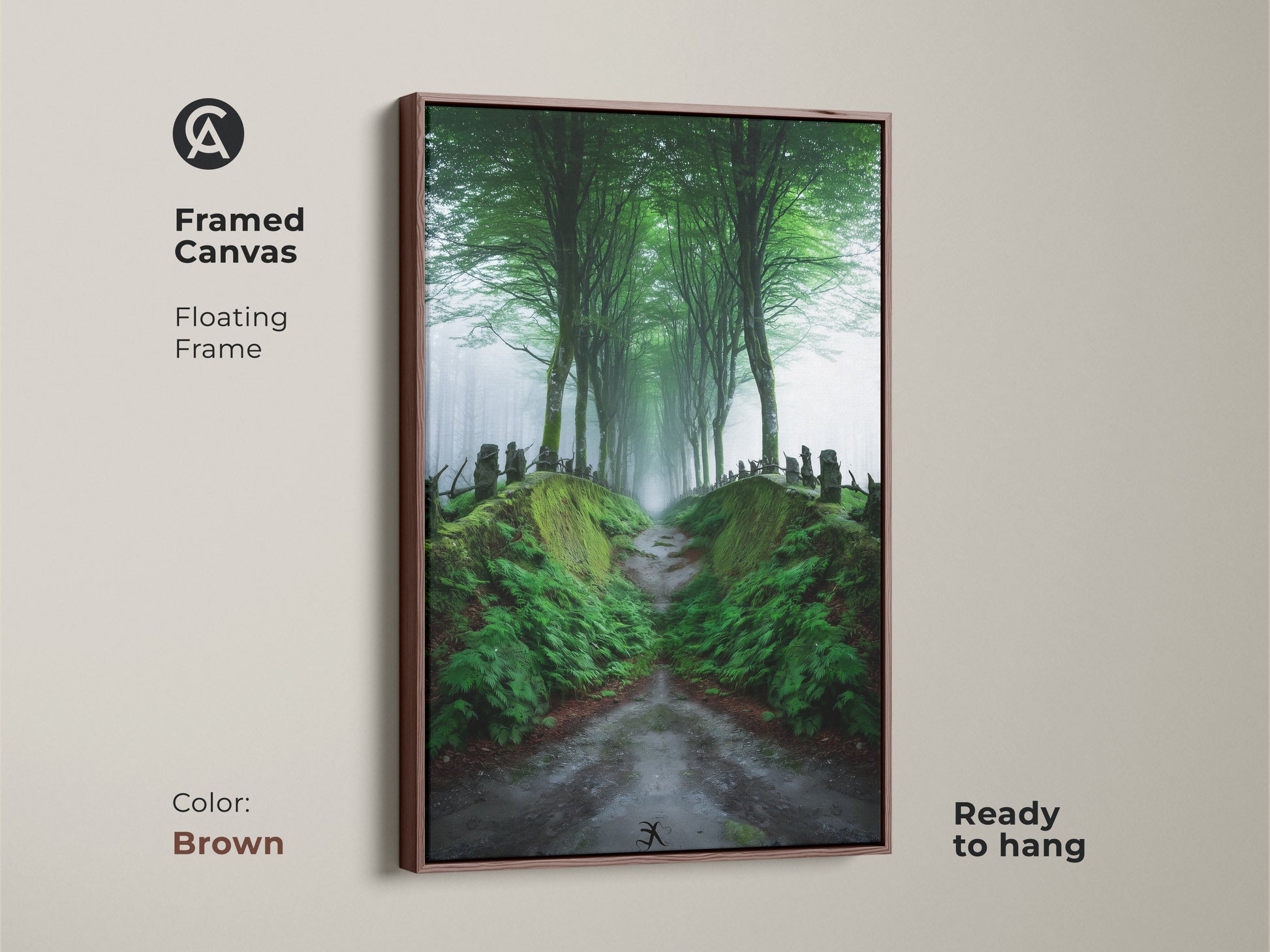 Framed canvas artwork of a misty forest path with a brown floating frame. The deep green tones and tree-lined road evoke a Scandinavian woodland scene. This nature landscape painting adds warmth to any room. Ideal as a gift for nature enthusiasts.