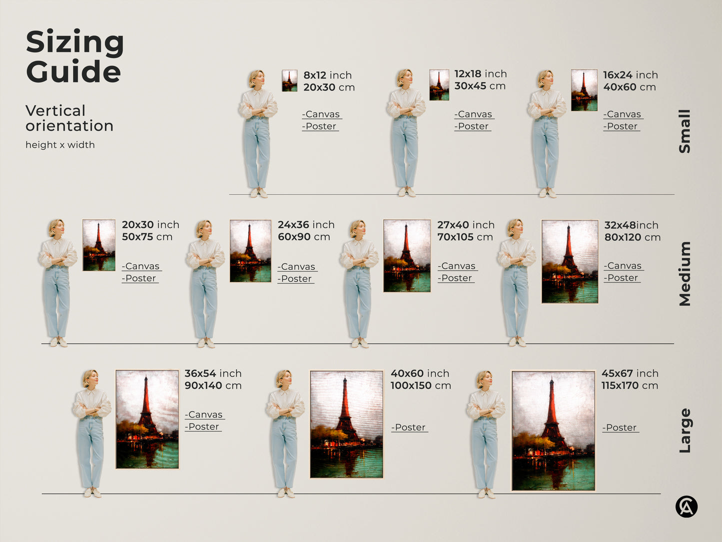 Find your ideal size for Eiffel Tower art with this sizing guide. Various sizes are available in both canvas and poster prints. Decorate your home with stunning Parisian cityscape art.