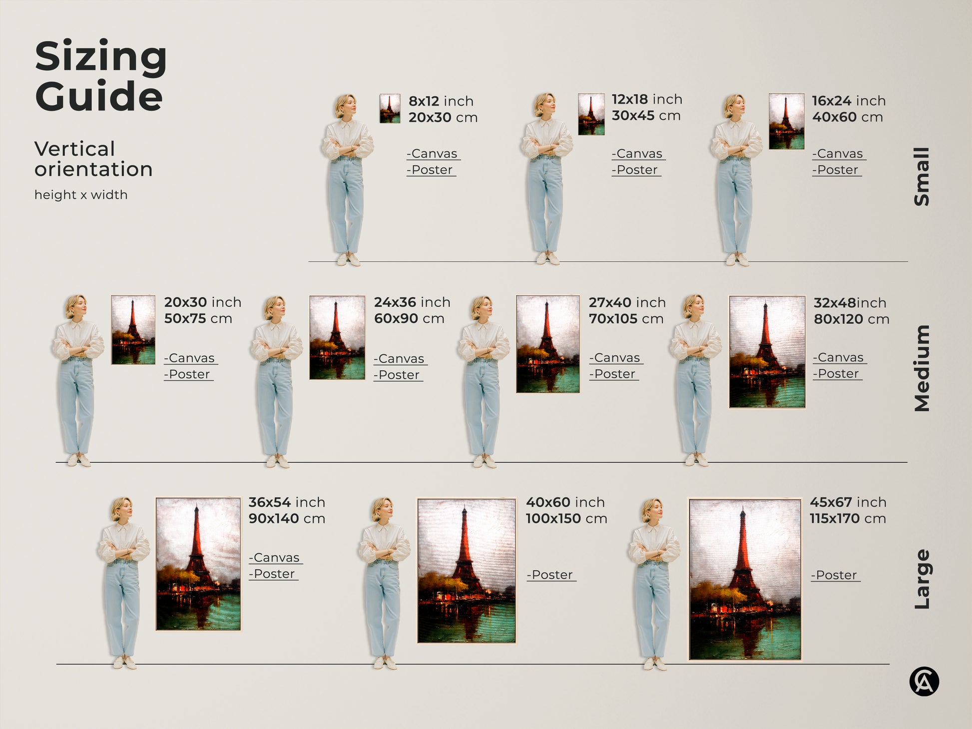 Find your ideal size for Eiffel Tower art with this sizing guide. Various sizes are available in both canvas and poster prints. Decorate your home with stunning Parisian cityscape art.