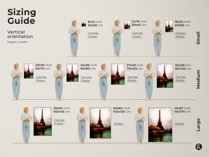 Find your ideal size for Eiffel Tower art with this sizing guide. Various sizes are available in both canvas and poster prints. Decorate your home with stunning Parisian cityscape art.