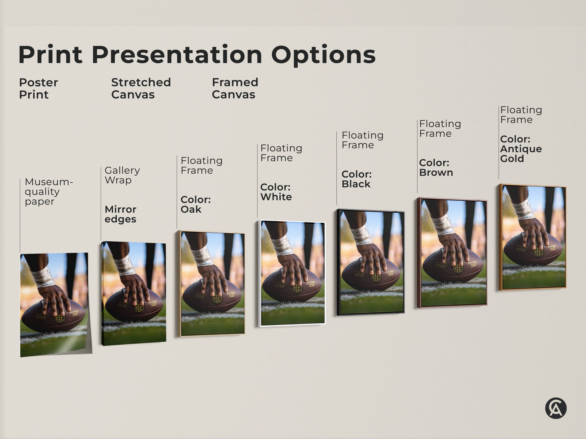 Explore print presentation options for American Football artwork. Choose from poster prints or stretched canvas. Consider framed canvas with floating frames. Options include black brown antique gold and white frames. Find the perfect style for your sports decor.