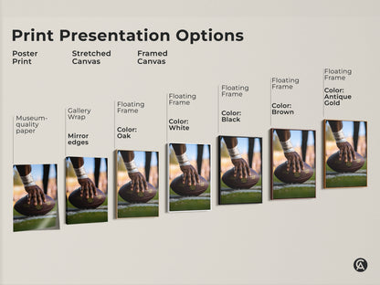 Explore print presentation options for American Football artwork. Choose from poster prints or stretched canvas. Consider framed canvas with floating frames. Options include black brown antique gold and white frames. Find the perfect style for your sports decor.