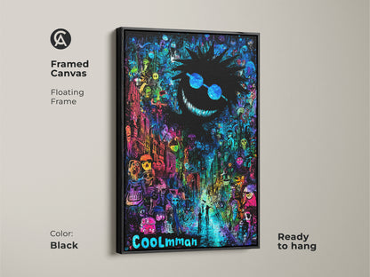 Framed canvas art of COOLmman. The black floating frame enhances the psychedelic street scene artwork. This framed canvas is ready to hang and brings a unique art piece to your home.