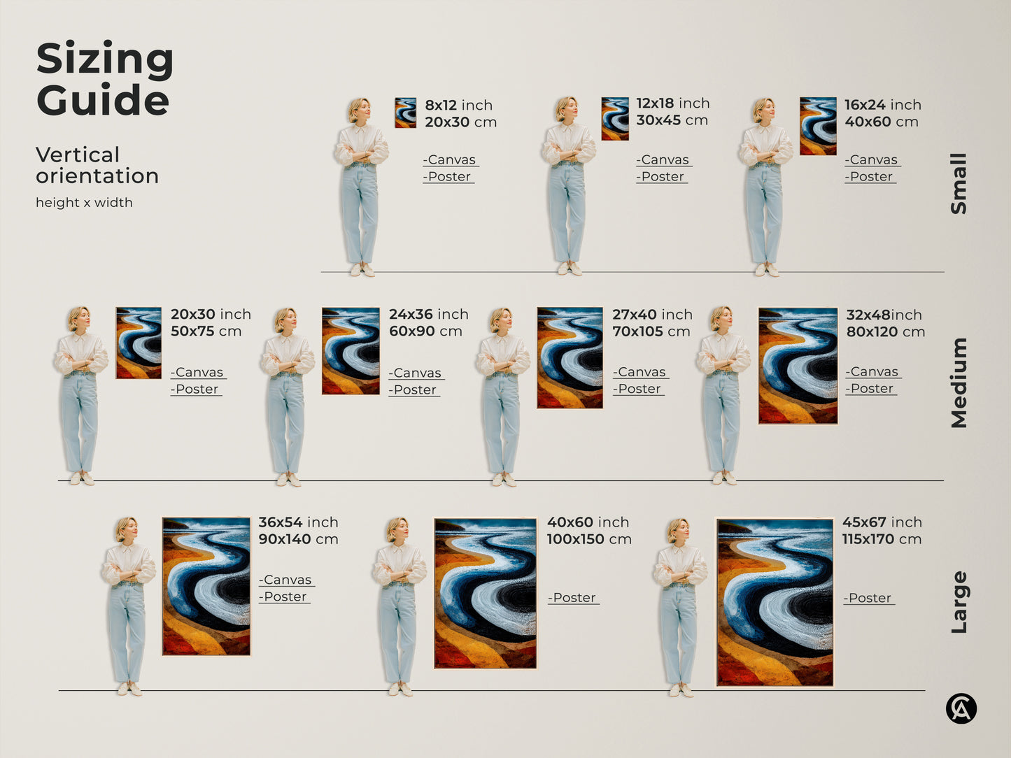 Sizing guide for vertical orientation art. Available in small medium and large sizes. Options include canvas and poster prints. The abstract beach art makes a statement in any space. Blue and Orange colors.