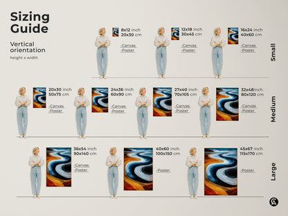 Sizing guide for vertical orientation art. Available in small medium and large sizes. Options include canvas and poster prints. The abstract beach art makes a statement in any space. Blue and Orange colors.