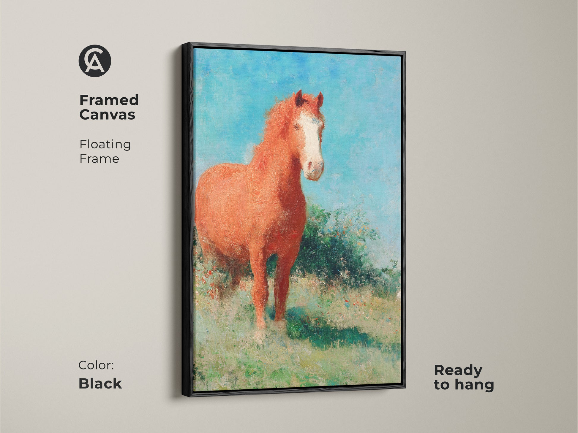 Framed canvas featuring an impressionist horse in a field with a black floating frame. This ready-to-hang equestrian canvas art enhances any room. The rustic landscape print and blue sky nature art create a serene atmosphere. A great housewarming gift for those who love animal art print.