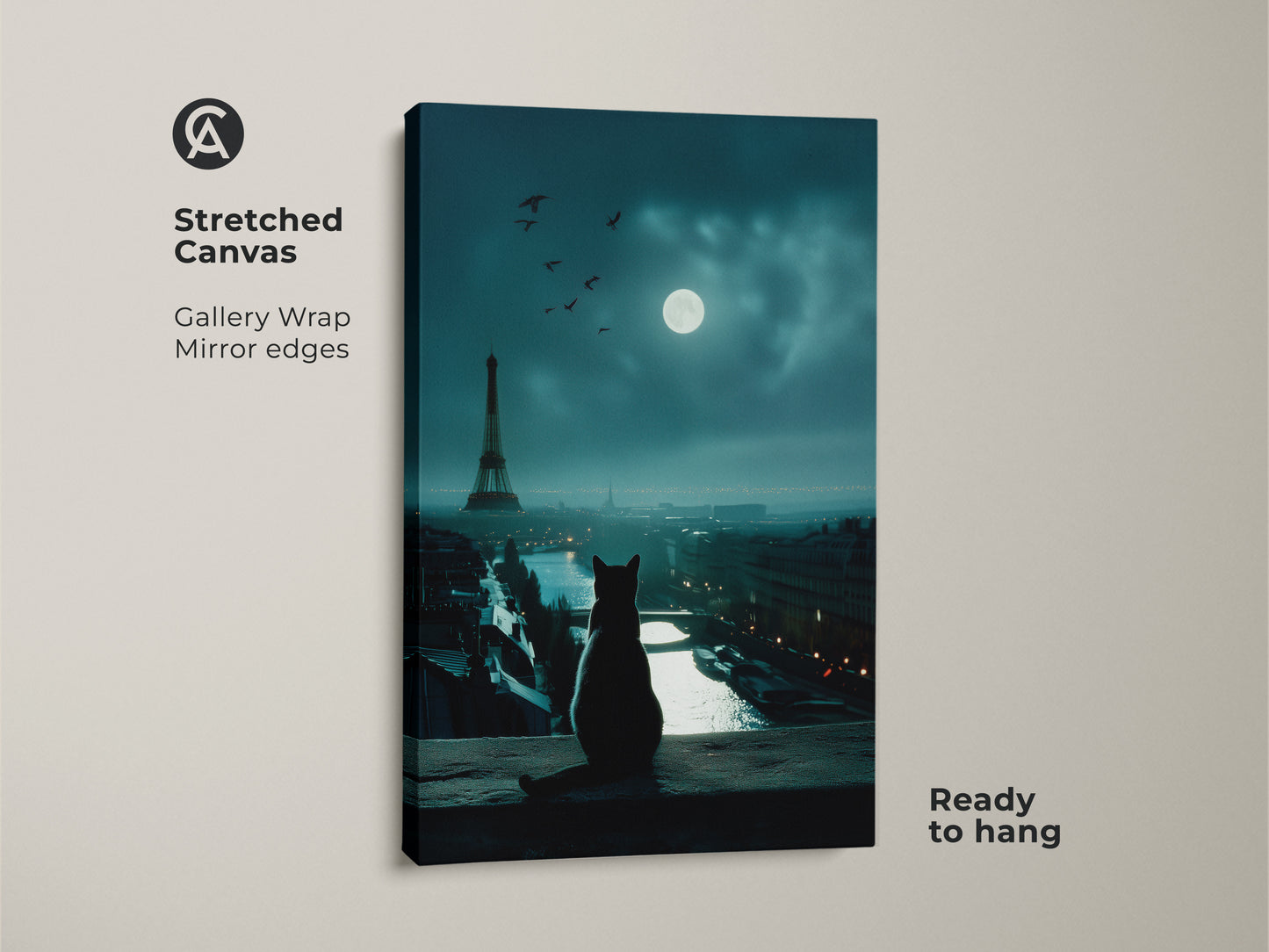 Stretched canvas art of a cat in Paris at night. The Eiffel Tower and full moon are visible in the background. Gallery wrapped canvas with mirrored edges. Ready to hang. Perfect for adding a touch of Paris to your home.