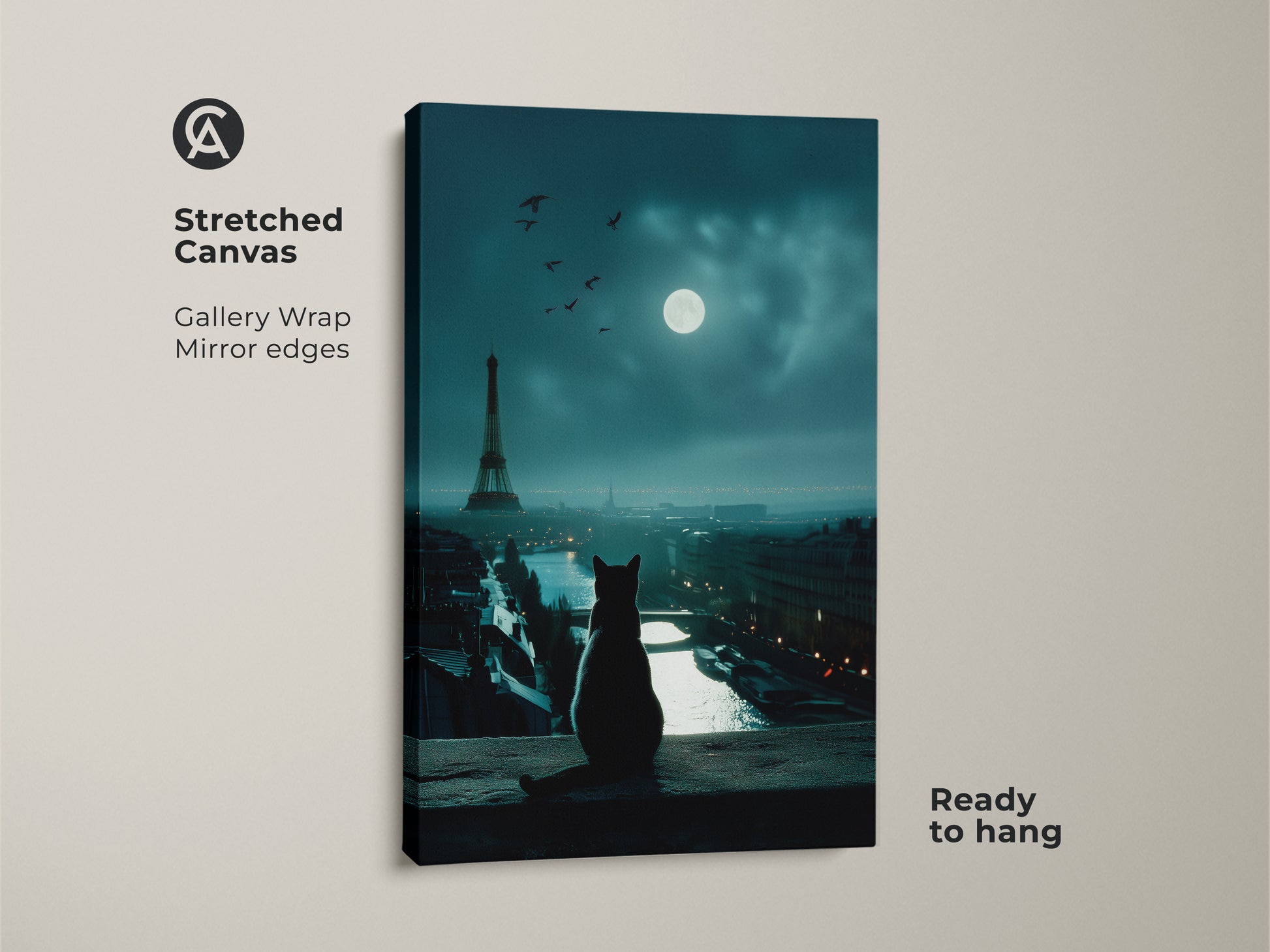 Stretched canvas art of a cat in Paris at night. The Eiffel Tower and full moon are visible in the background. Gallery wrapped canvas with mirrored edges. Ready to hang. Perfect for adding a touch of Paris to your home.