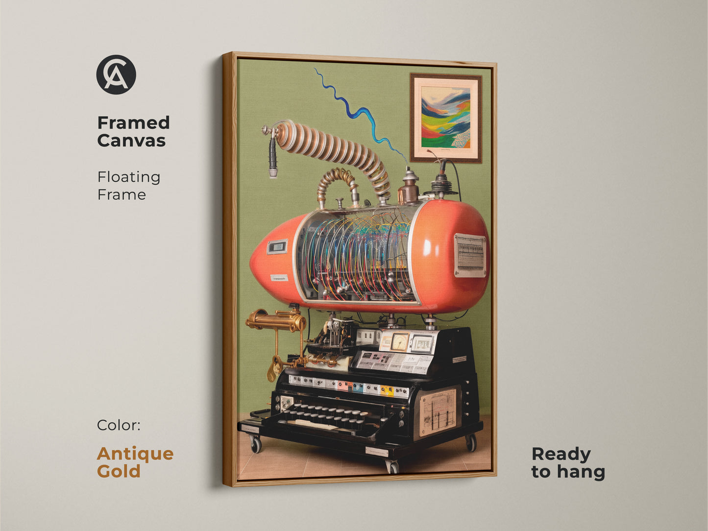 Framed canvas with a floating frame in antique gold showcasing steampunk invention wall art. The retrofuturism machine canvas is ready to hang. Features abstract mechanical art and is ideal for industrial gears artwork print.