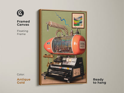 Framed canvas with a floating frame in antique gold showcasing steampunk invention wall art. The retrofuturism machine canvas is ready to hang. Features abstract mechanical art and is ideal for industrial gears artwork print.