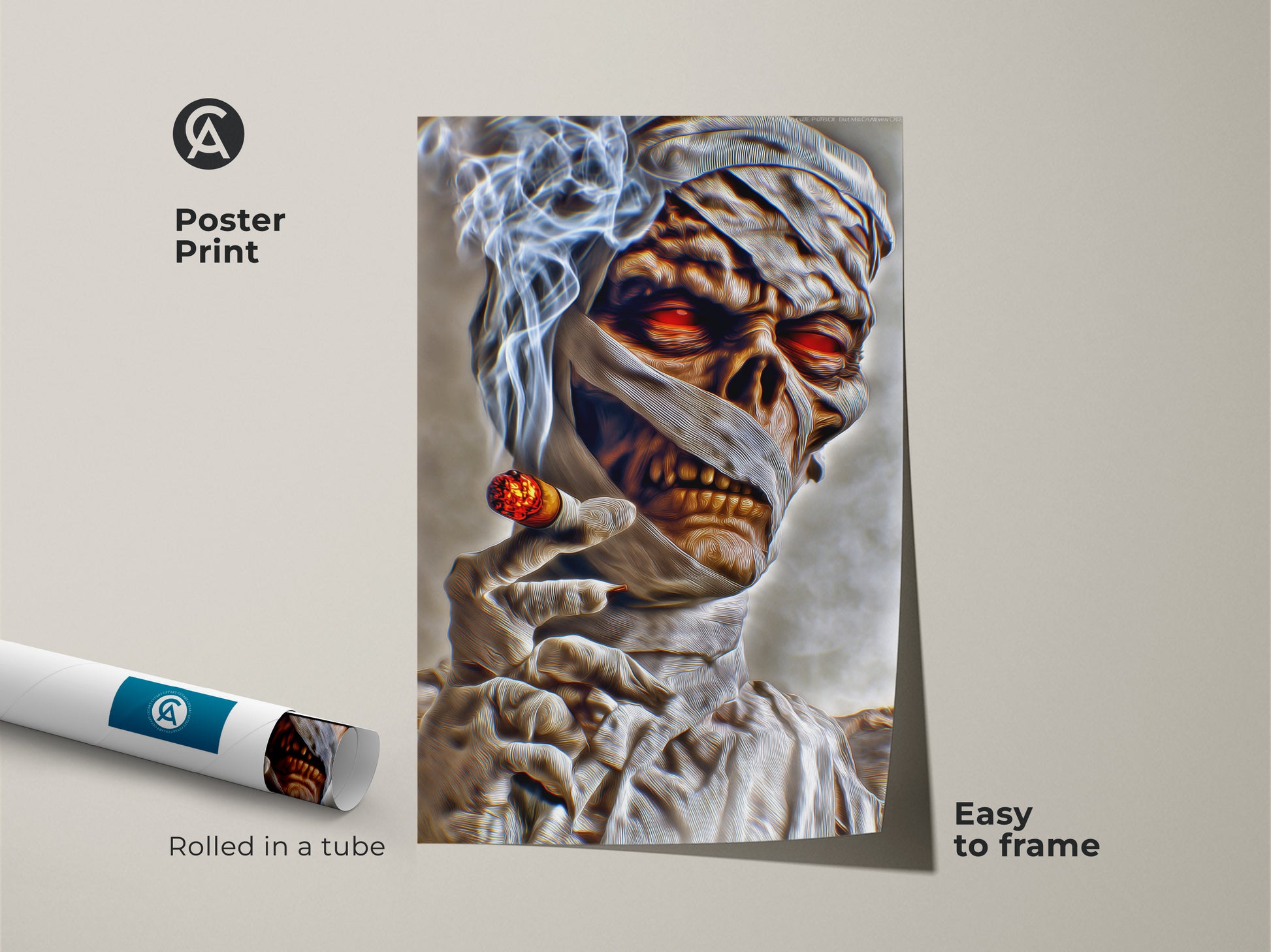 A poster print of a spooky mummy canvas. This dark fantasy mummy print features a mummy smoking a cigar with glowing red eyes. The poster is easy to frame. It's a perfect gothic horror wall art for Halloween.