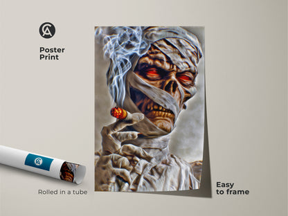 A poster print of a spooky mummy canvas. This dark fantasy mummy print features a mummy smoking a cigar with glowing red eyes. The poster is easy to frame. It's a perfect gothic horror wall art for Halloween.