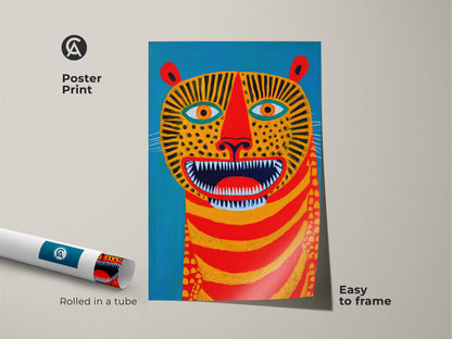 This shows a rolled folk art tiger poster print. The poster print is an easy-to-frame artwork option for animal art lovers. The abstract animal print features bold colors of blue red and yellow. It will add a unique touch to any space.
