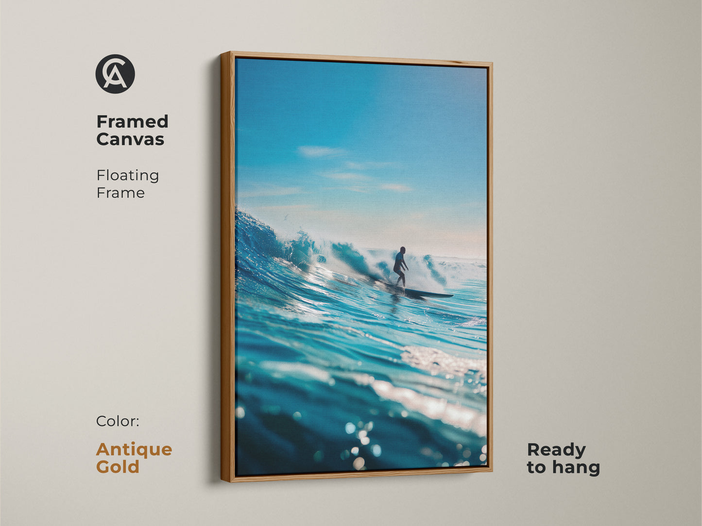 A framed canvas print of a surfer riding a vibrant blue wave. The antique gold floating frame adds a touch of classic charm. This ready to hang artwork captures the essence of surfing. Perfect for enhancing your coastal themed decor.