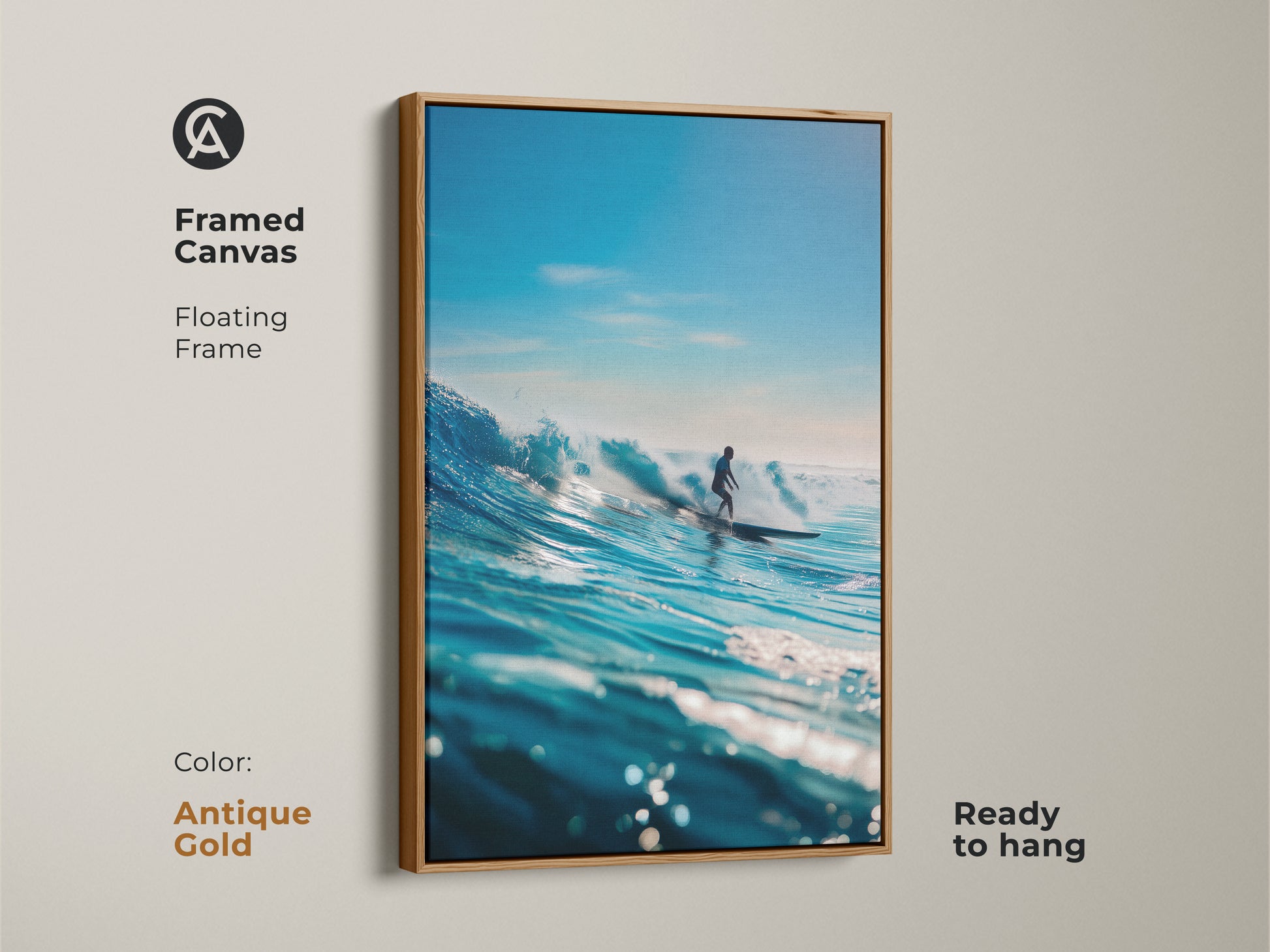 A framed canvas print of a surfer riding a vibrant blue wave. The antique gold floating frame adds a touch of classic charm. This ready to hang artwork captures the essence of surfing. Perfect for enhancing your coastal themed decor.