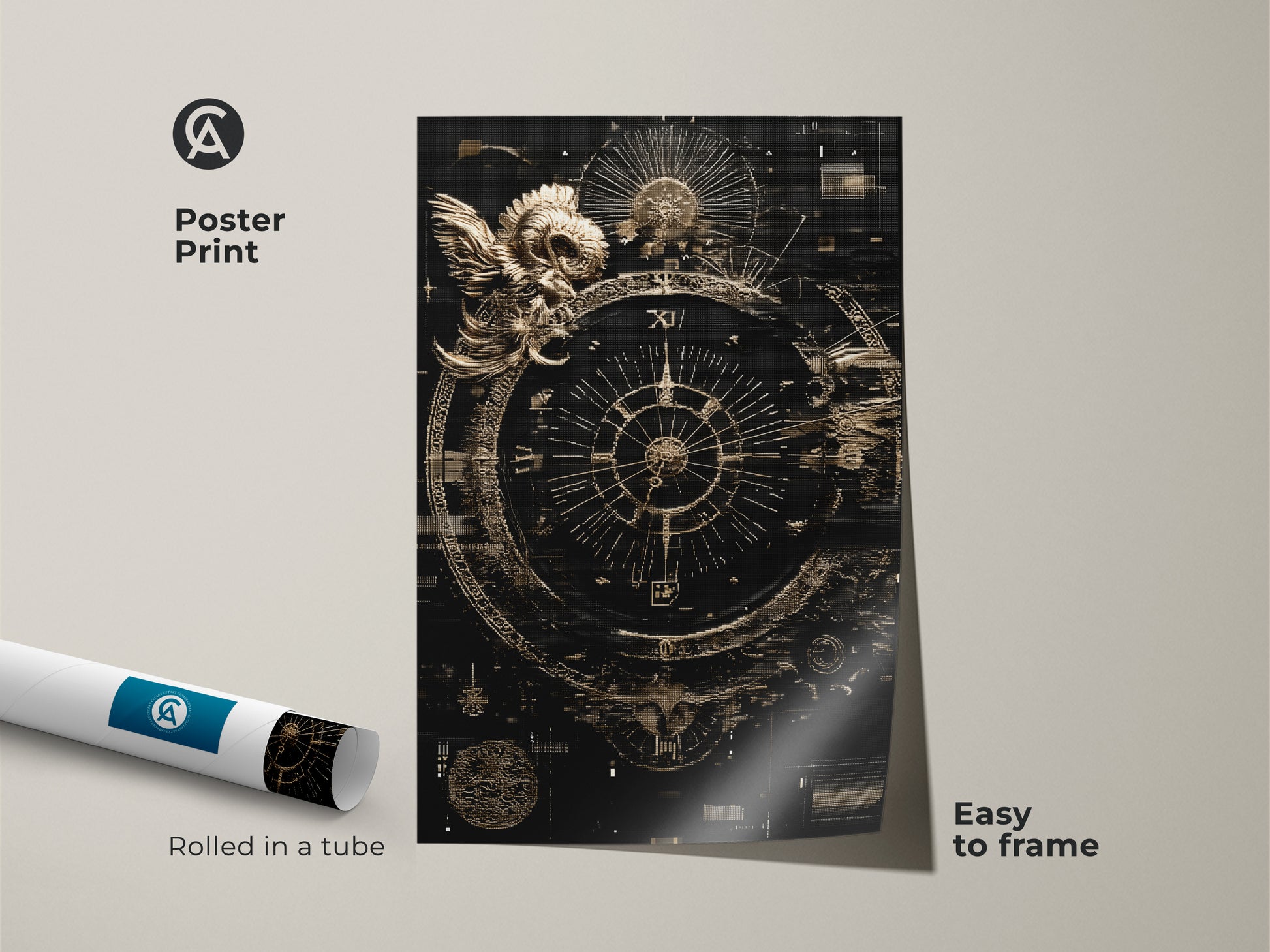 Poster Print of the Ram Compass Abstract Artwork rolled in a tube. This Esoteric Steampunk Astrology wall art is easy to frame. The black and gold print adds an eclectic touch to your home.