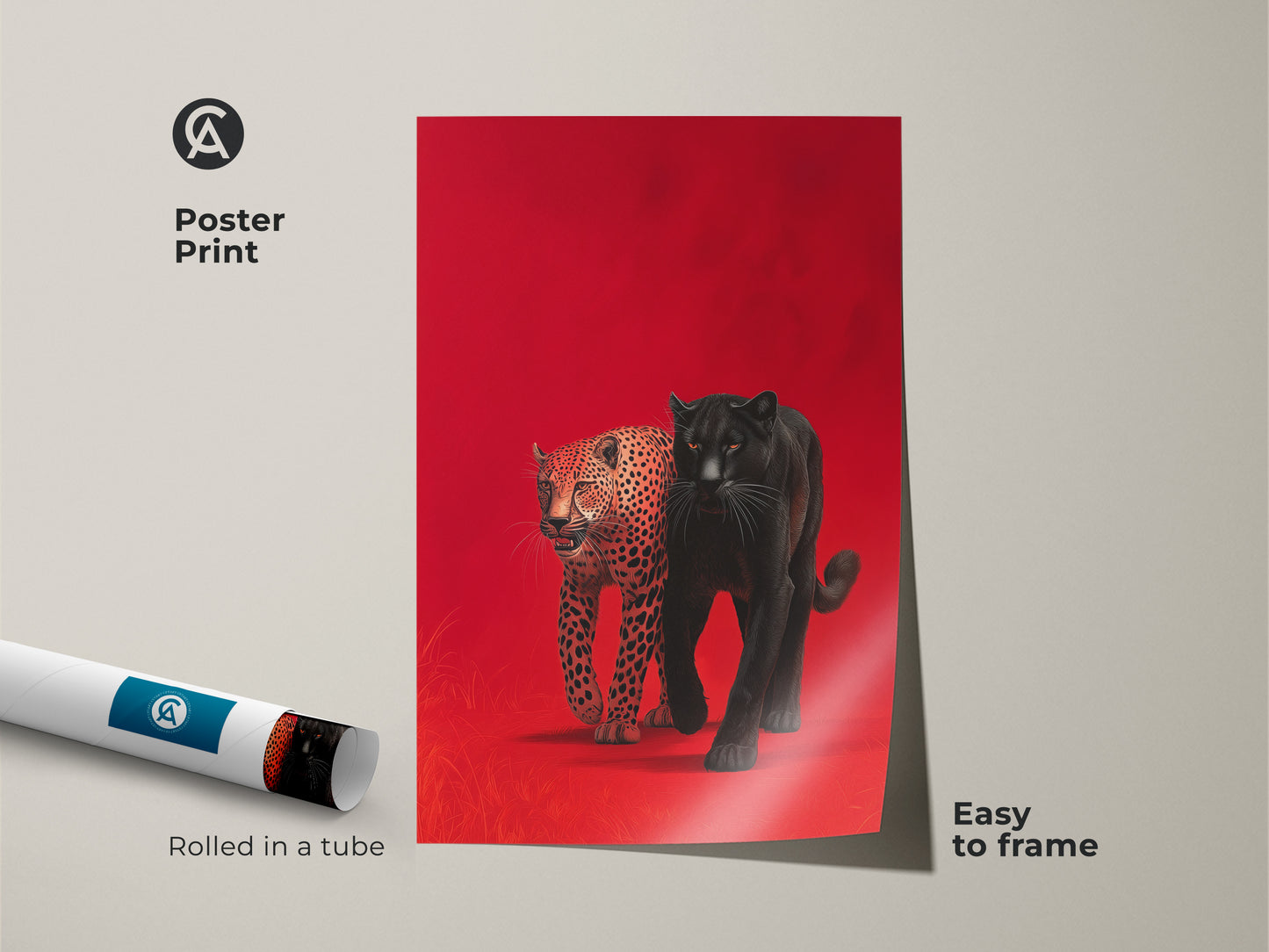 Poster print displays a black panther and leopard against a vibrant red background. The art is rolled in a tube for easy framing. This museum-quality paper print captures the beauty of wildlife art. A simple way to add an eye-catching artwork to your home or office decor.