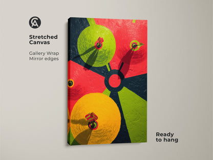 Close-up view of the abstract dartboard canvas art. The geometric shapes pop with red lime green and blue. The stretched canvas is ready to hang adding color to any space.