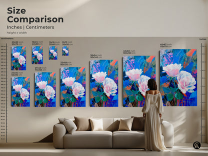 Nature lovers gift print featuring a giraffe savanna landscape. This wildlife canvas art uses boho earth tones for a relaxing vibe. Warm orange and brown colors enhance the realistic giraffe painting. Ideal for boho style homes. Perfect as a housewarming present.