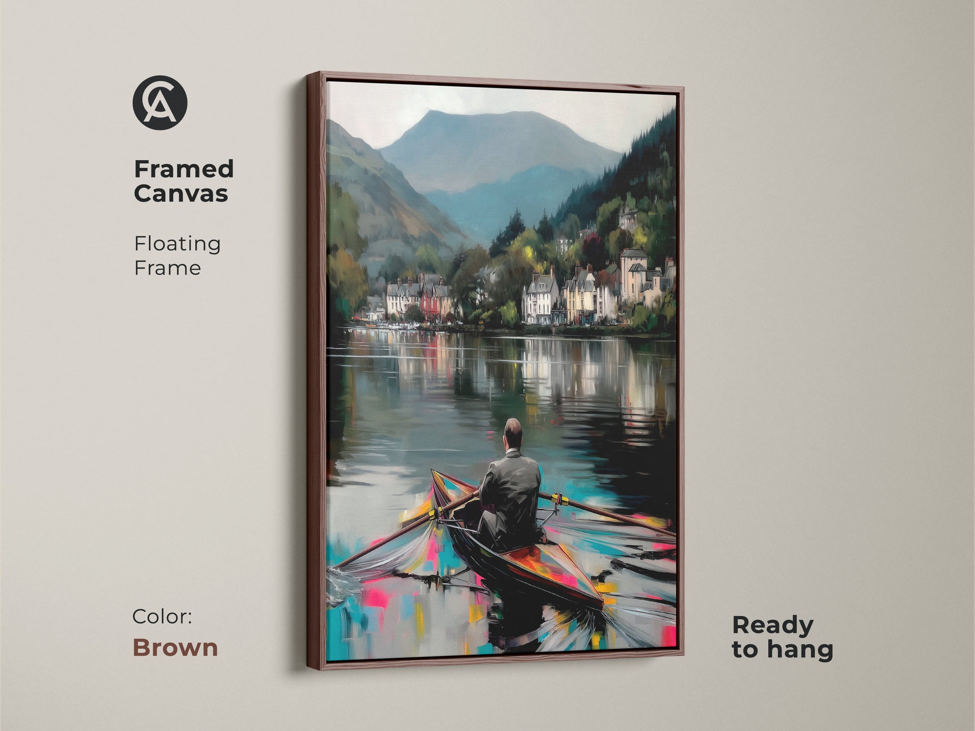 Framed canvas art featuring a man rowing on a reflective lake near village. Brown floating frame enhances the impressionistic landscape art. Travel enthusiast gifts of deep blue teal scenery art.