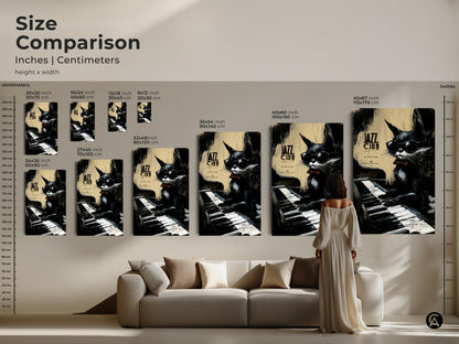 Size comparison of jazz cat artwork. Inches and centimeters are shown. Visualize how the artwork fits in your space. Perfect for home decor and music-themed art collections.