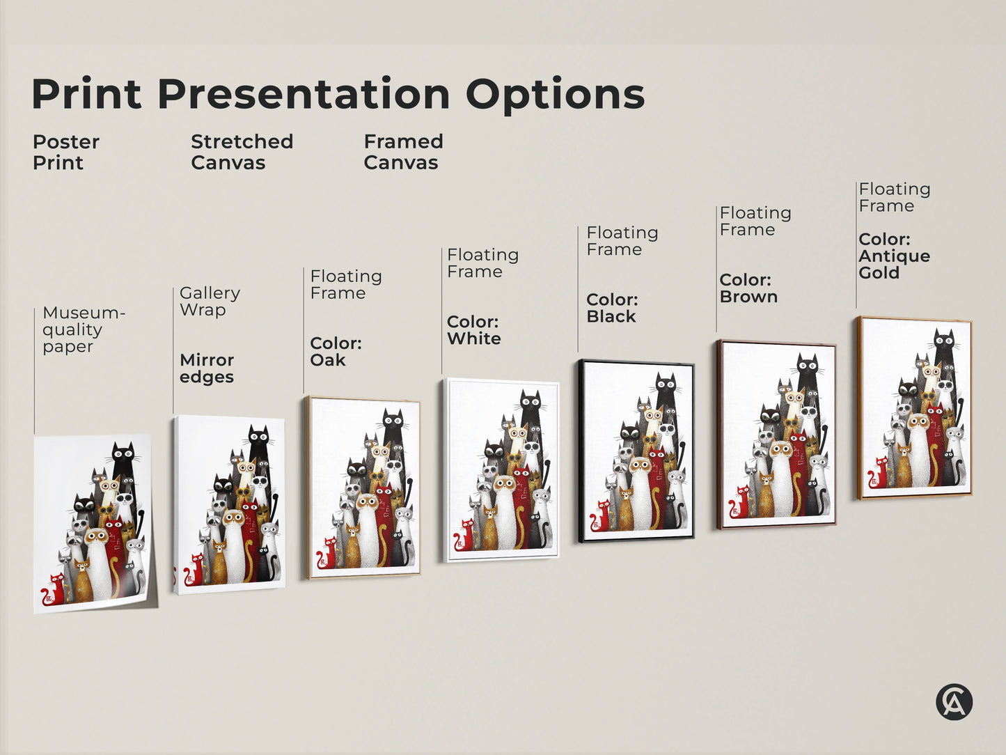 Print presentation options include poster print stretched canvas and framed canvas. Showcasing the black white and red eclectic cat artwork. Choose from museum-quality paper gallery wrap and floating frames in black brown antique gold and white.