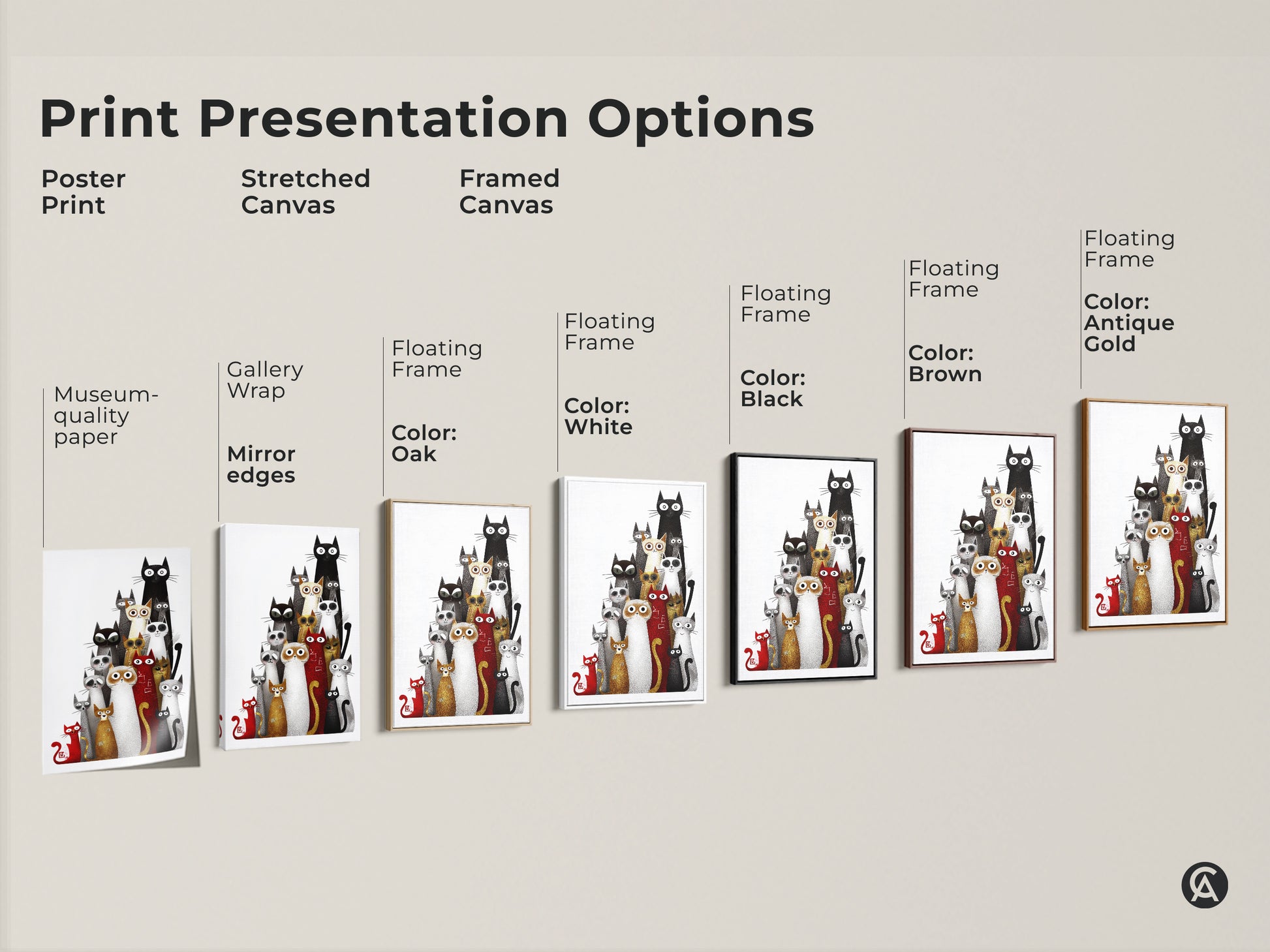 Print presentation options include poster print stretched canvas and framed canvas. Showcasing the black white and red eclectic cat artwork. Choose from museum-quality paper gallery wrap and floating frames in black brown antique gold and white.