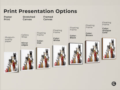 Print presentation options include poster print stretched canvas and framed canvas. Showcasing the black white and red eclectic cat artwork. Choose from museum-quality paper gallery wrap and floating frames in black brown antique gold and white.